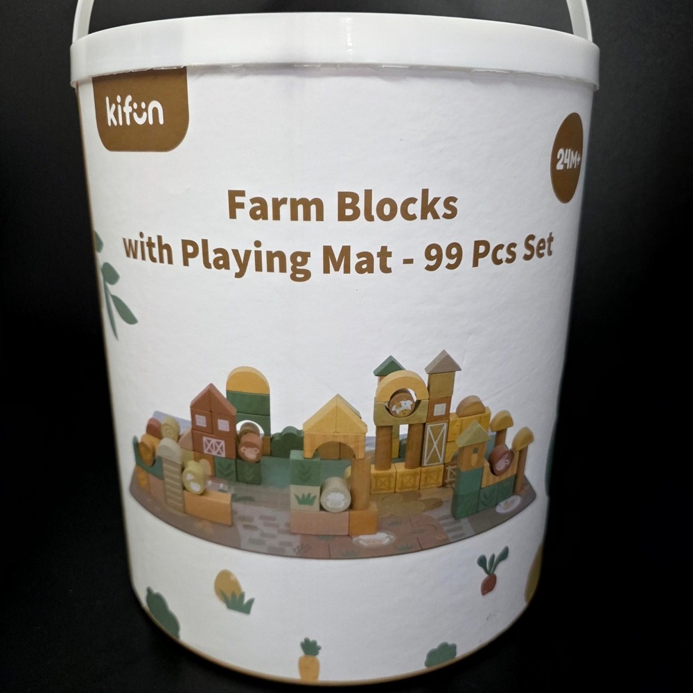 Kifun Farm Blocks Playing Mat 99 Pcs Set Brown Wooden Toddler Building Toy 24M+